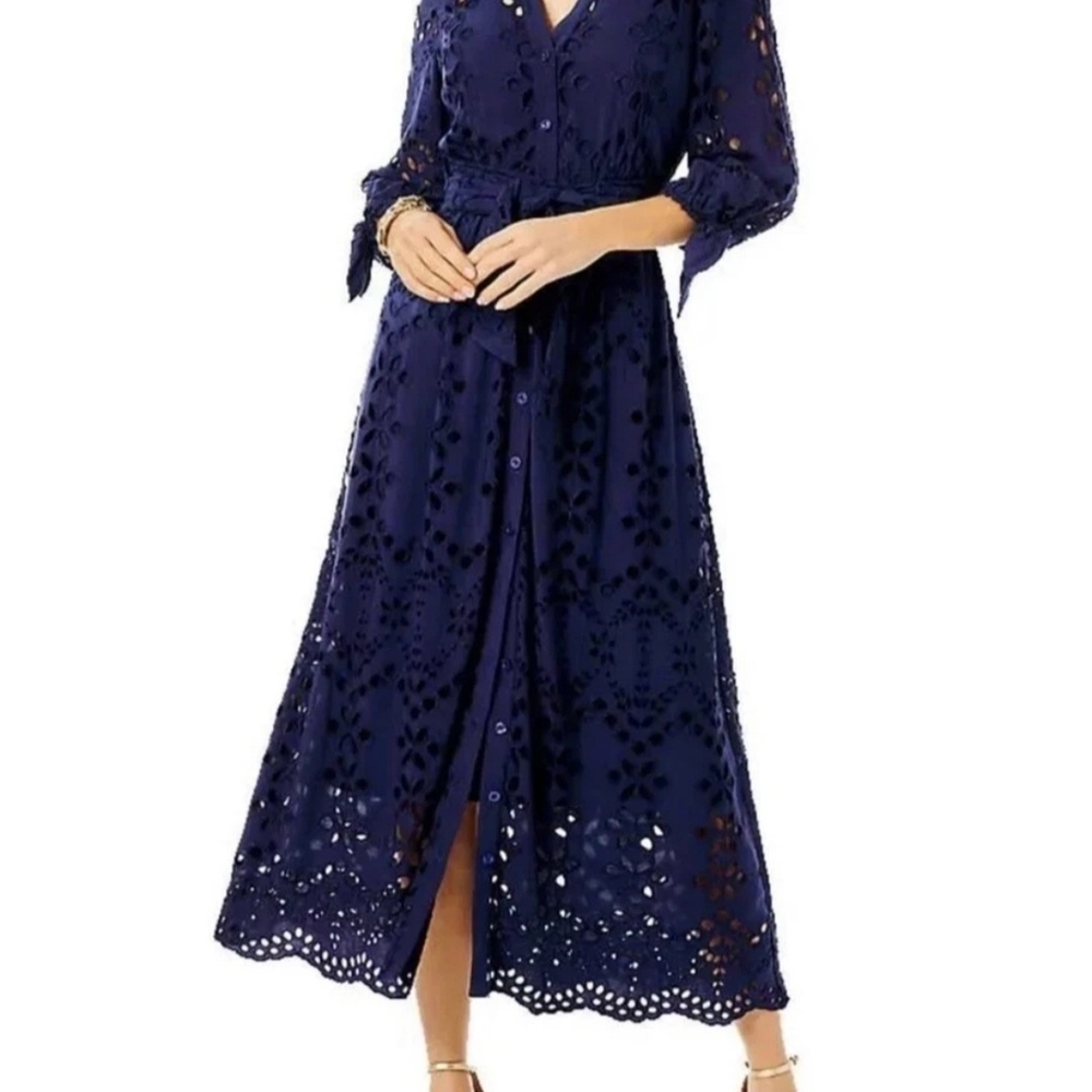 Elegant Navy Blue Eyelet Dress